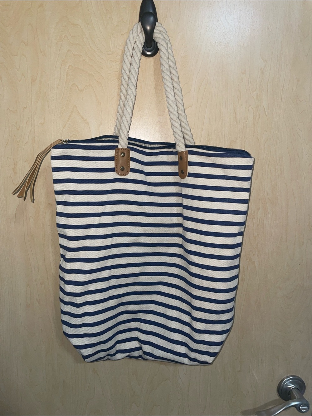 summer & rose Navy and Cream Striped Rope-Handle Beach Tote - Picture 7 of 11